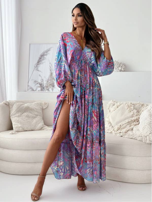 Sexy deep V abstract big floral print split dress