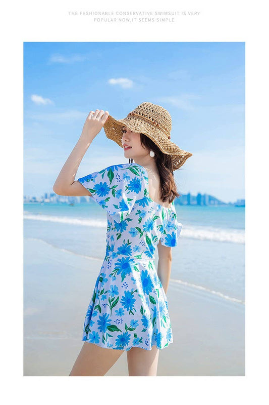 CWMW0866_FLORAL SLIM SHORT SLEEVE ONE-PIECE SWIMSUIT DRESS