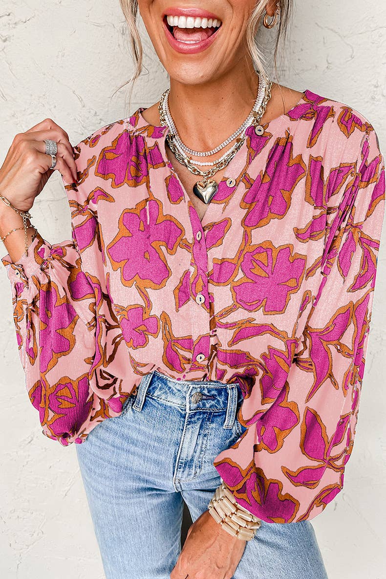 VINTAGE LOOSE FLORAL PRINT BAT-SLEEVED SHIRT