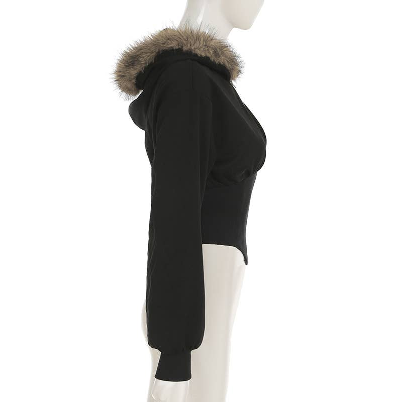 Woolen collar,cinched waist,hooded zipper jacket