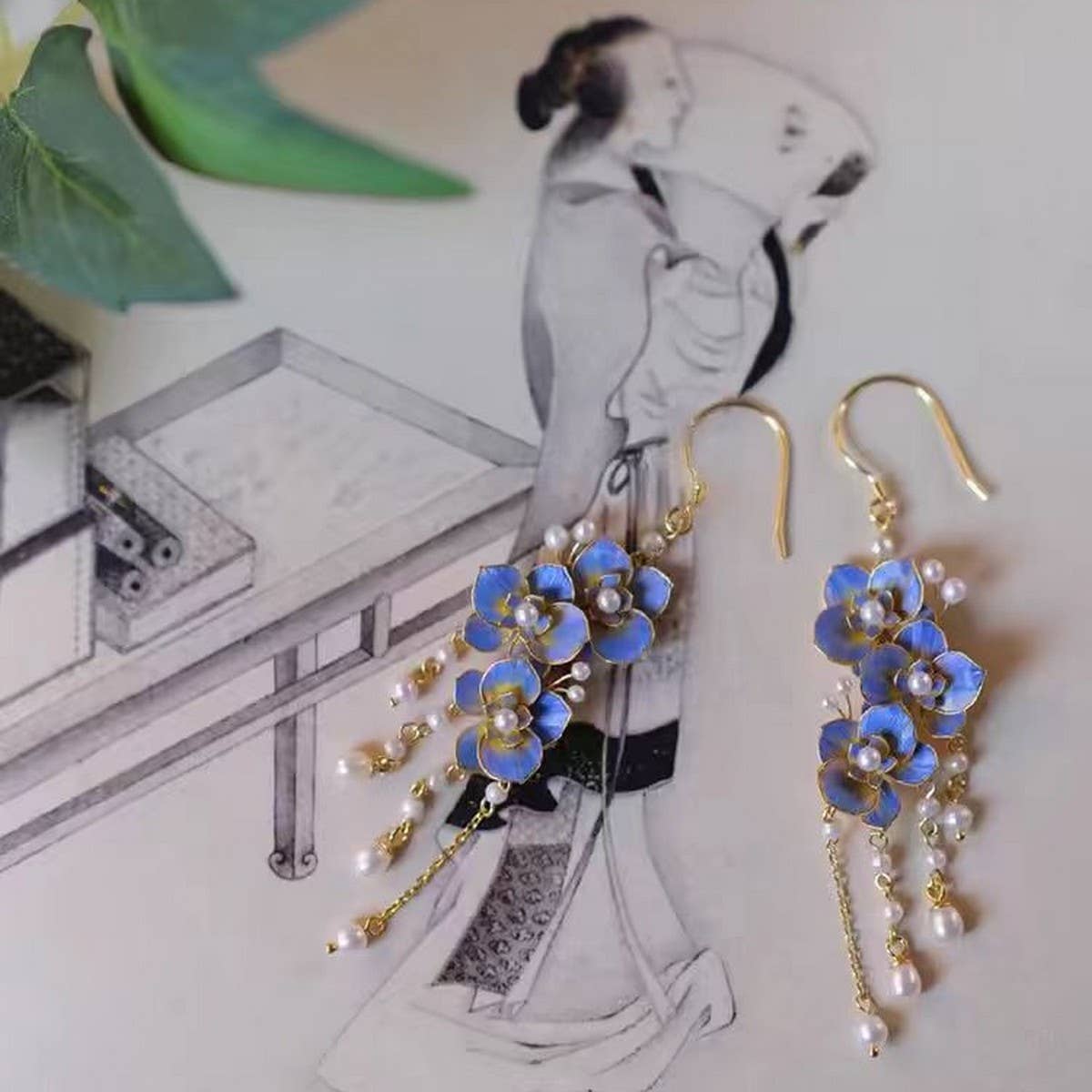 CWAJE4882_SUMMER RETRO PEARL BUTTERFLY TASSEL EARRINGS