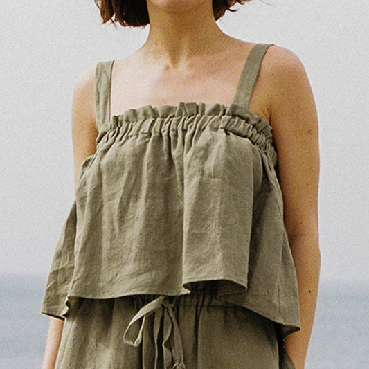 Wooden ear edge pleated cotton linen vest