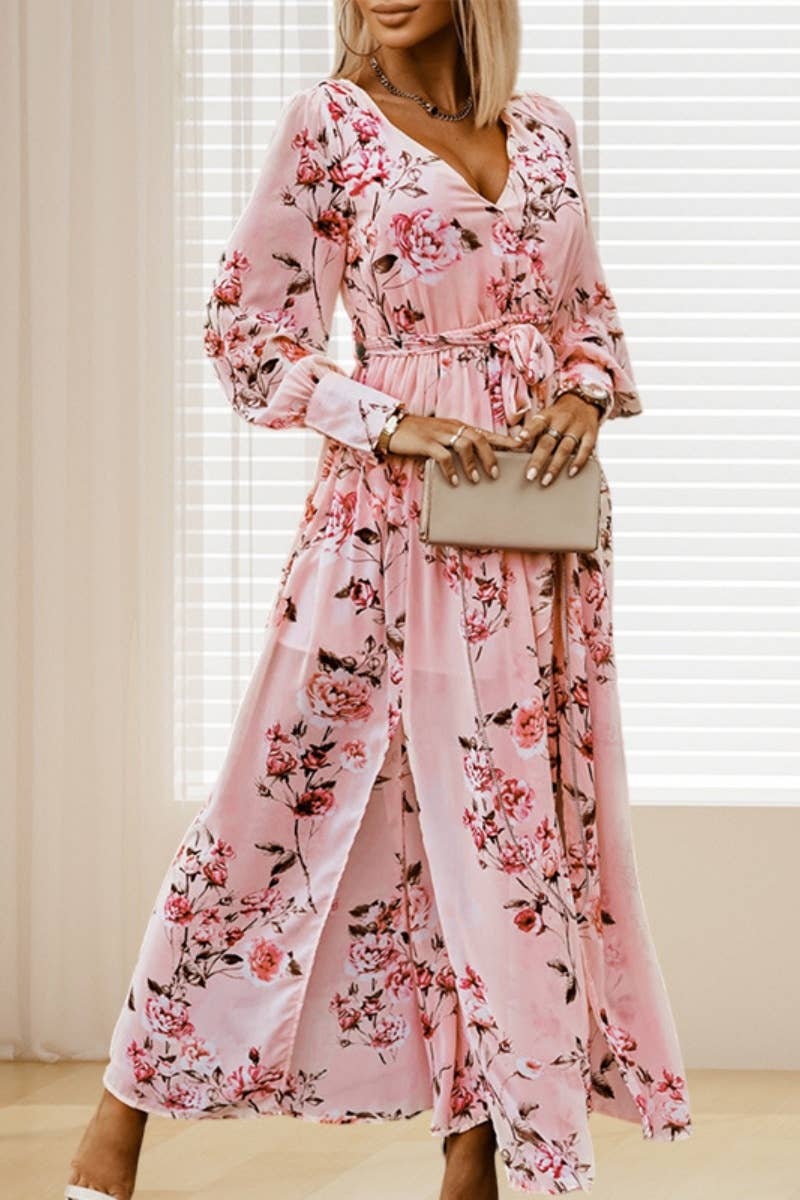 CWDMD4114_AUTUMN FLORAL PRINT V-NECK LONG-SLEEVED DRESS