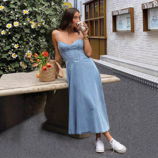 V-neck halter strap elastic denim long dress
