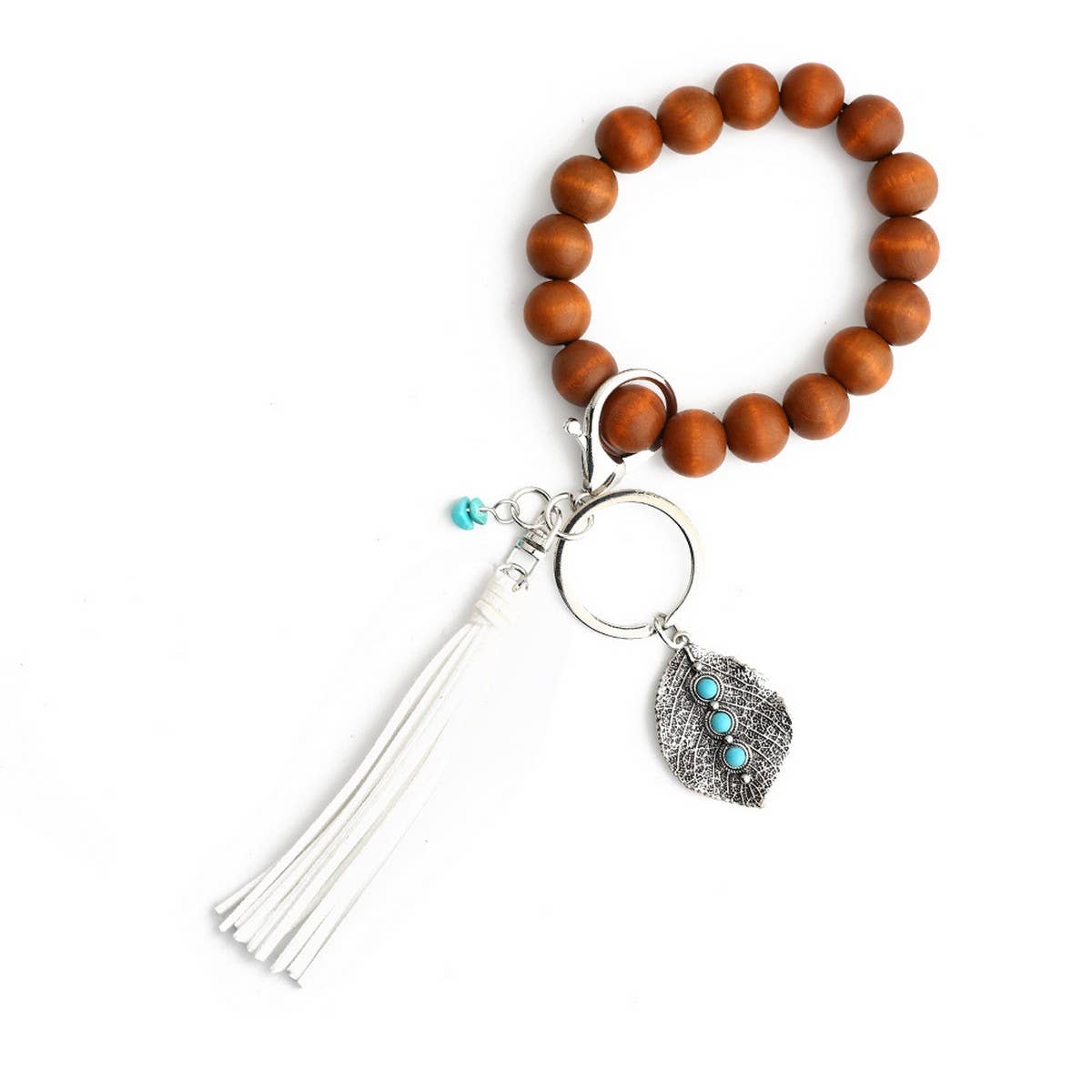 Boho Tassel Keychain with Leaf Charm and Wood Beads_CWAB5087