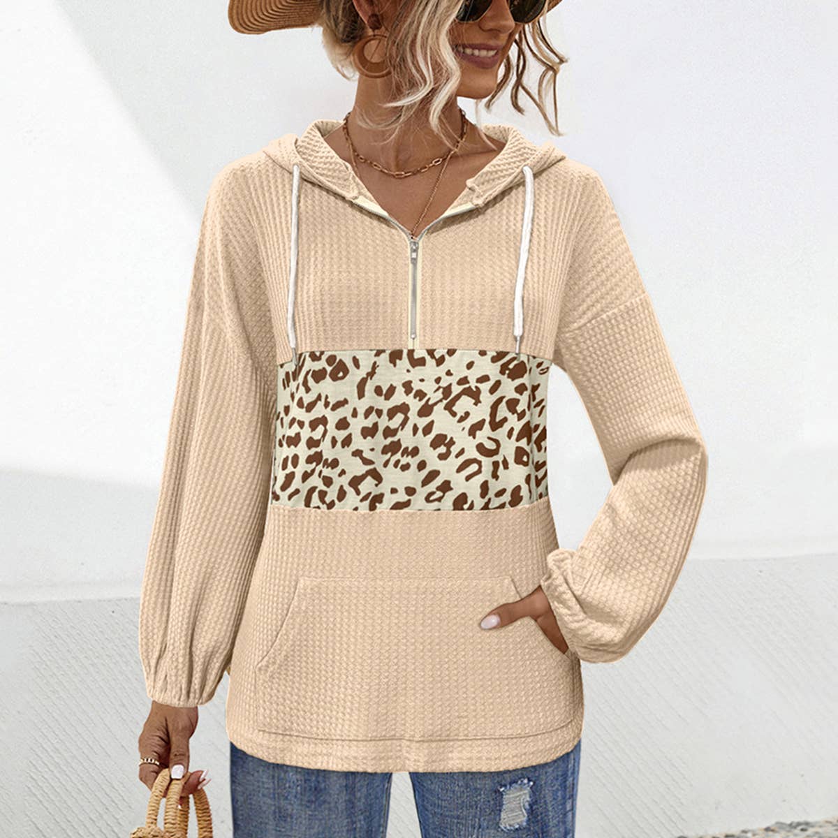 LEOPARD PRINT SPLICED LONG-SLEEVED HOODIE