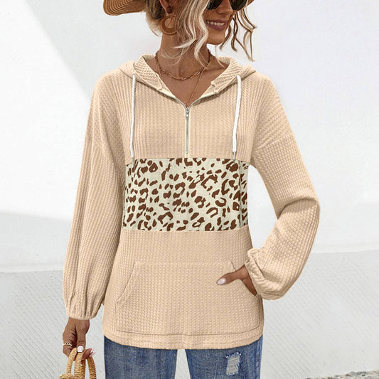 LEOPARD PRINT SPLICED LONG-SLEEVED HOODIE