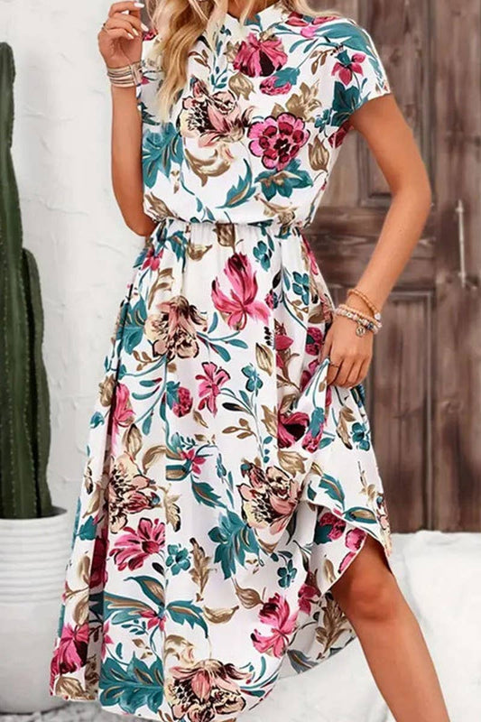 CWDMD5079_SUMMER LOOSE SHORT-SLEEVED FLORAL MIDI DRESS