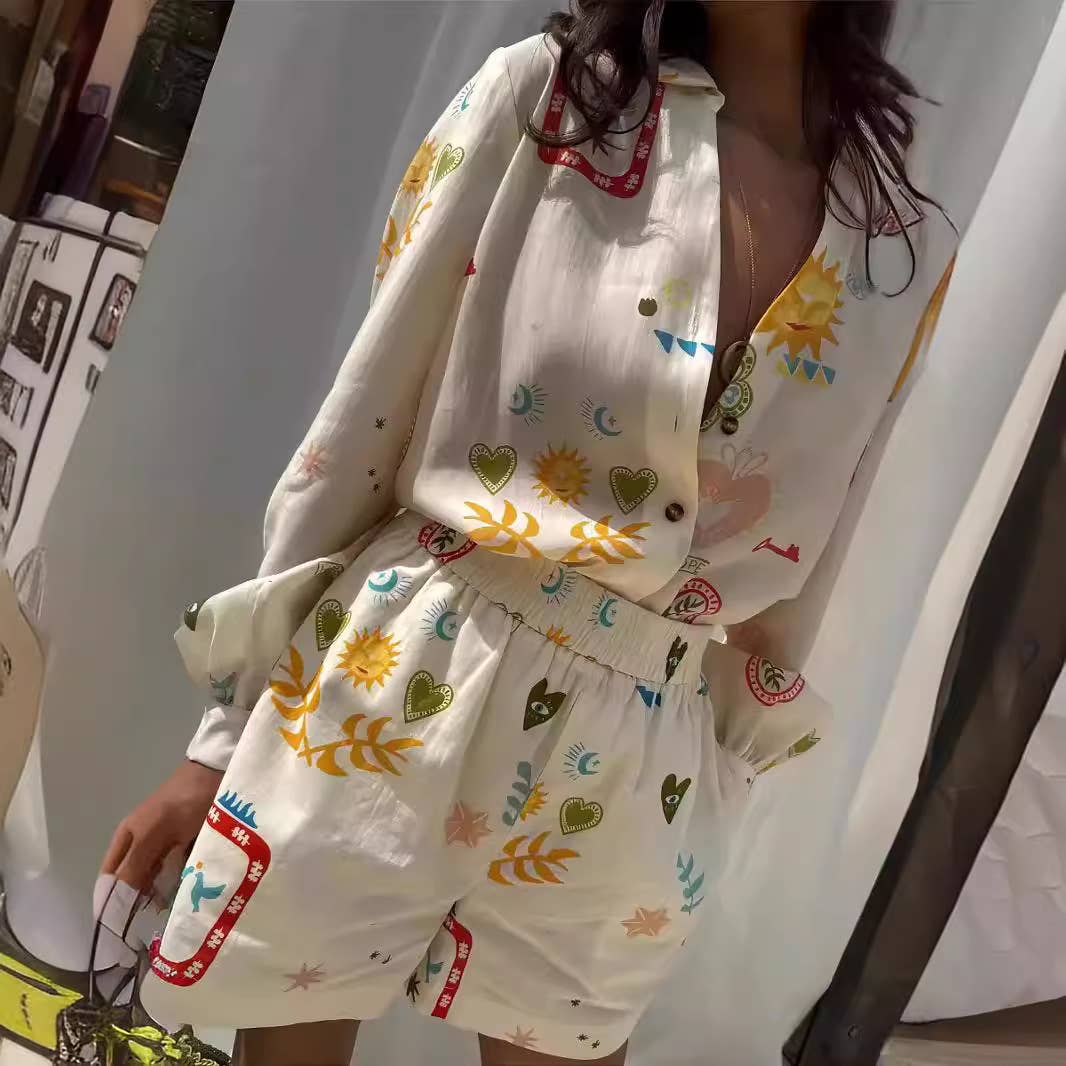 Fashionable printed casual shirt and shorts set