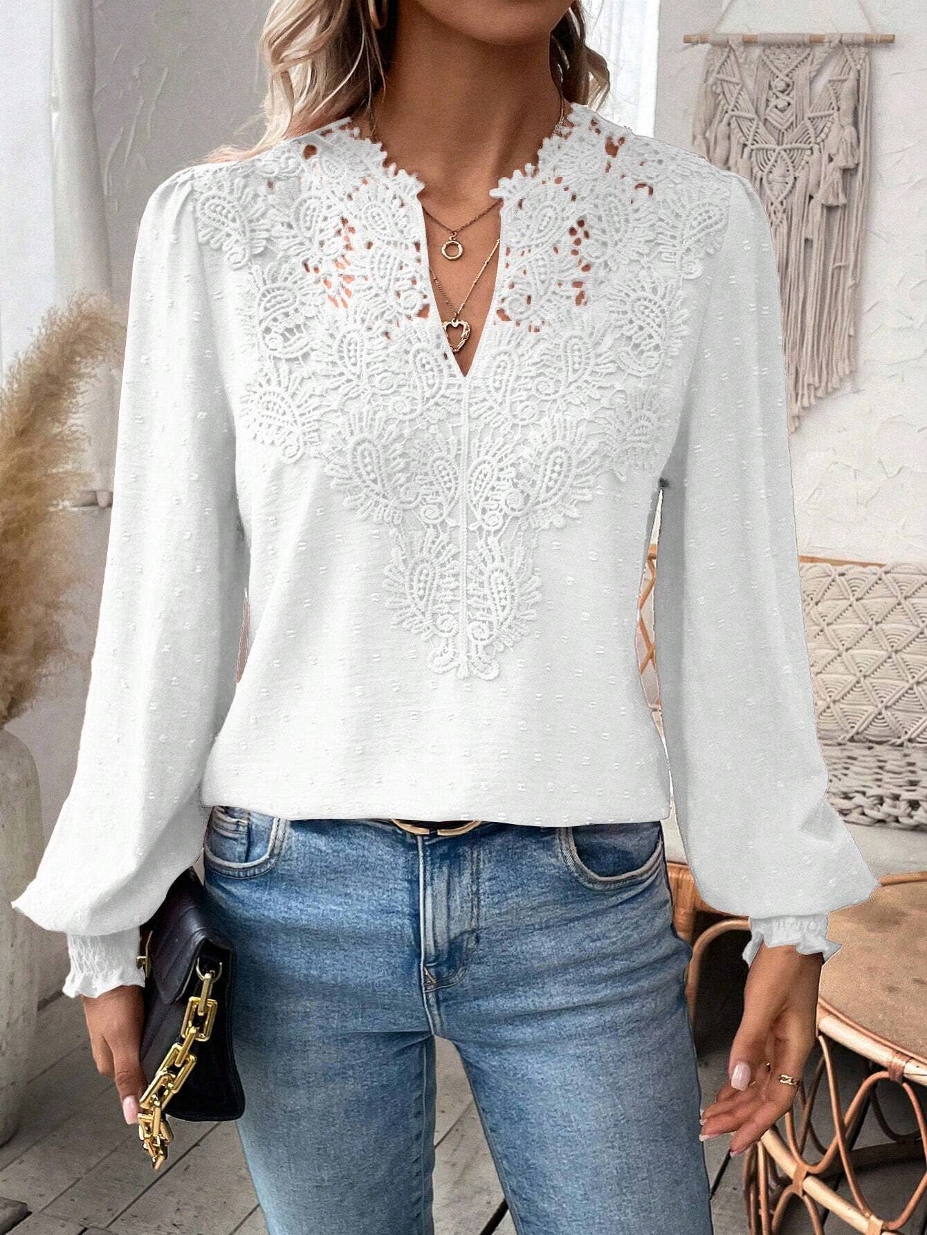 Fashion V-neck lace long sleeve casual T-shirt