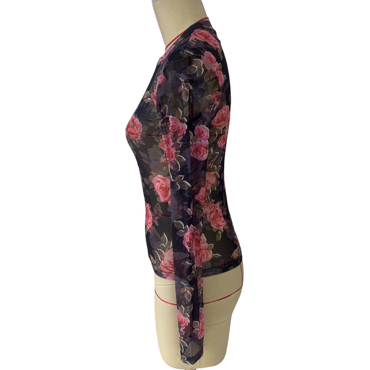 SEMI SHEER ROSE PRINT CHIFFON MESH LACE TOP