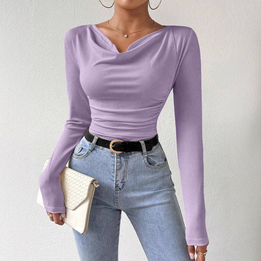 SWING NECK PLEATED SOLID COLOR SLIM-FIT T-SHIRT