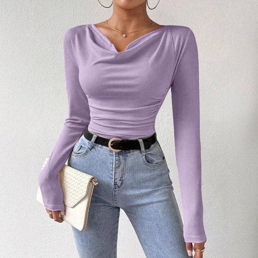 SWING NECK PLEATED SOLID COLOR SLIM-FIT T-SHIRT