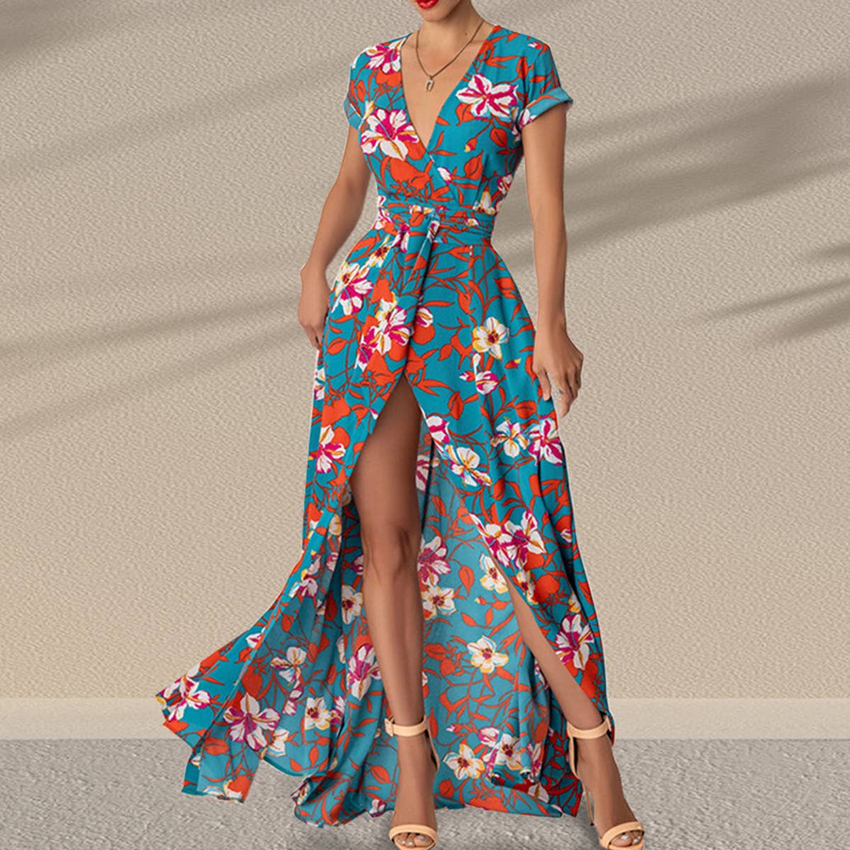 Lace-up print waist slit dress