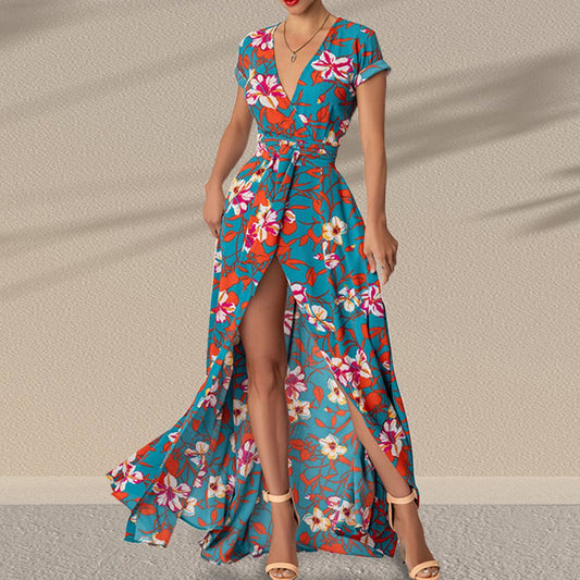 Lace-up print waist slit dress