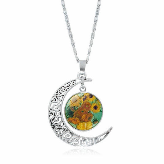 HOLLOW OUT MOON GEM PENDANT NECKLACE