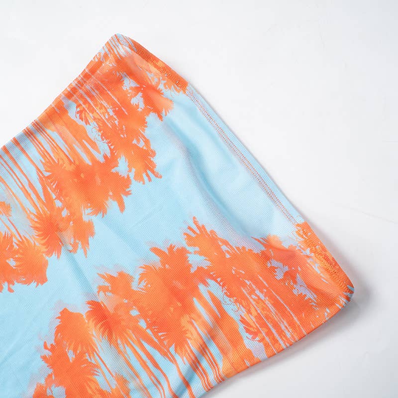 See-through mesh printed one-line collar dress