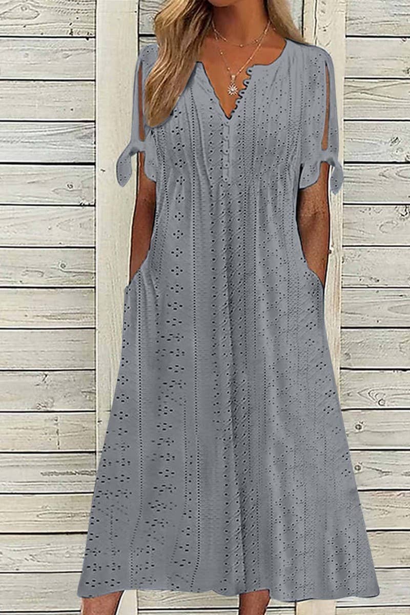 CWDMD5497_SUMMER V-NECK LACE HOLLOW RUFFLE DRESS