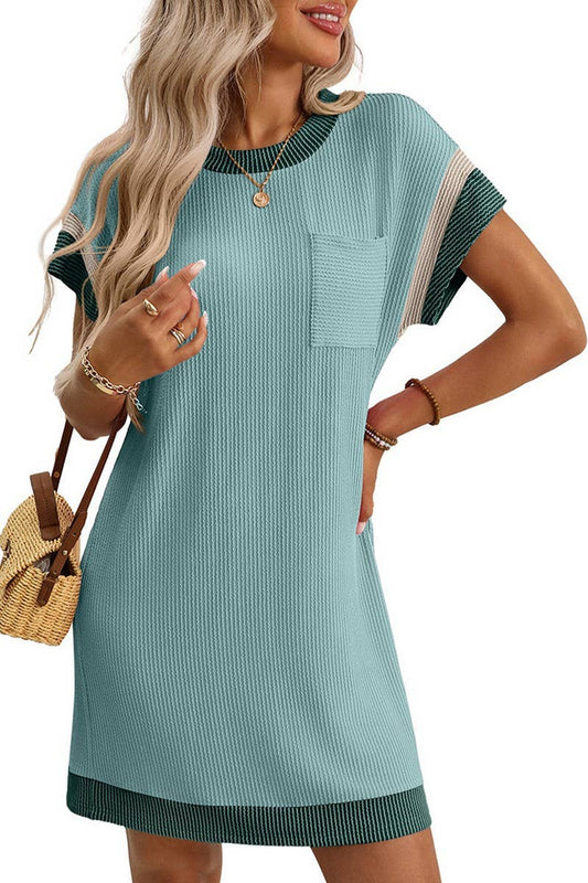 CWDSD8677_COLORBLOCK TWISTED STRIPE POCKET T-SHIRT DRESS