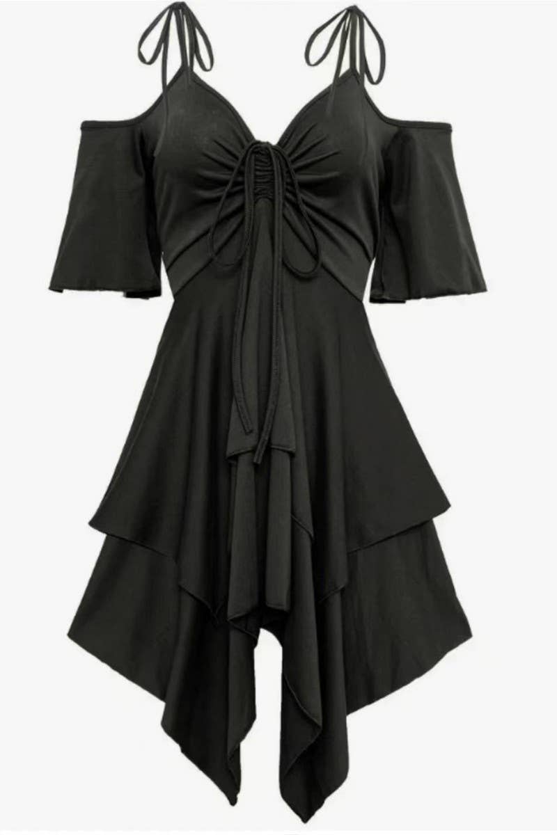 CWDSD7962_PLUS SIZE V-NECK COLD SHOULDER TIE WAIST DRESS