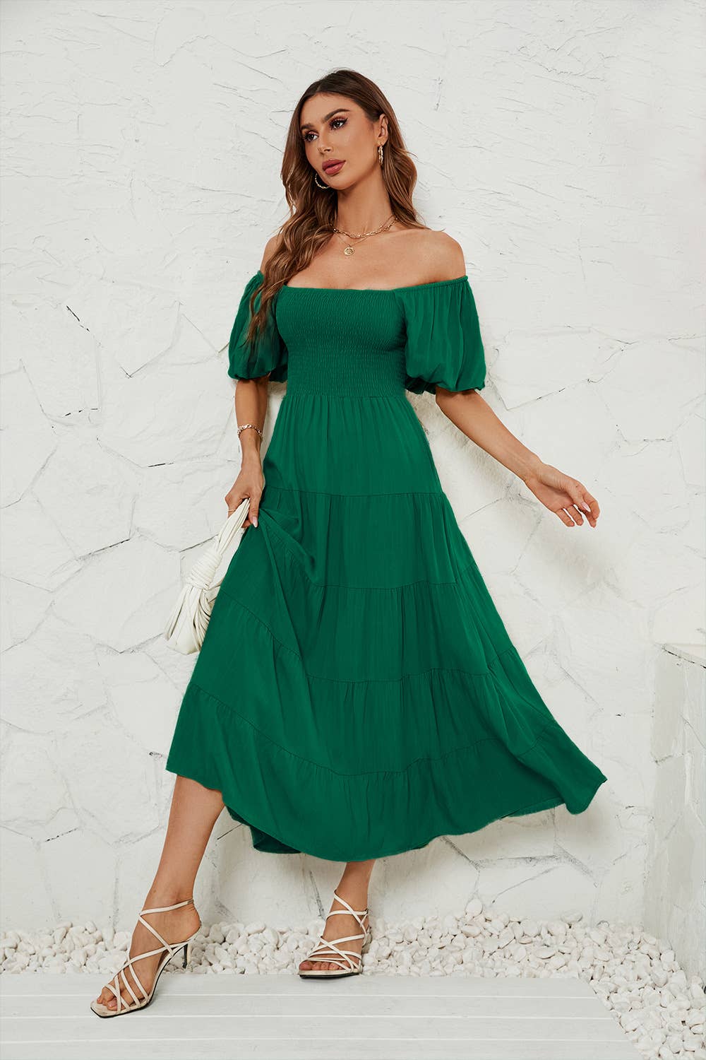 Solid-color high-waisted cinched waist dress
