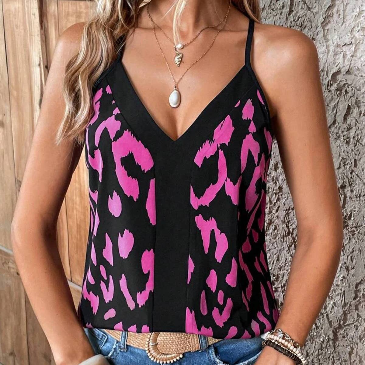 V-NECK LEOPARD PRINT SPLICING SUSPENDERS