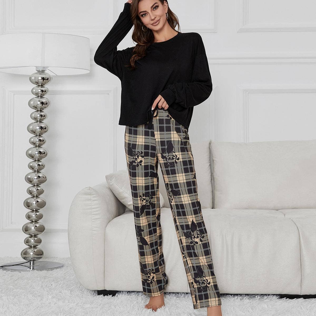 Plant printed long-sleeved home wear set