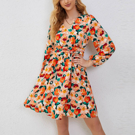 V-neck print elegant long-sleeved dress