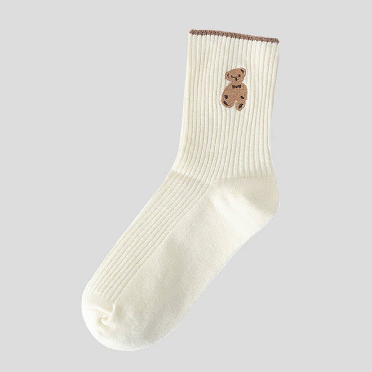 Brown Bear Embroidery Cotton Crew socks_CWMS1352