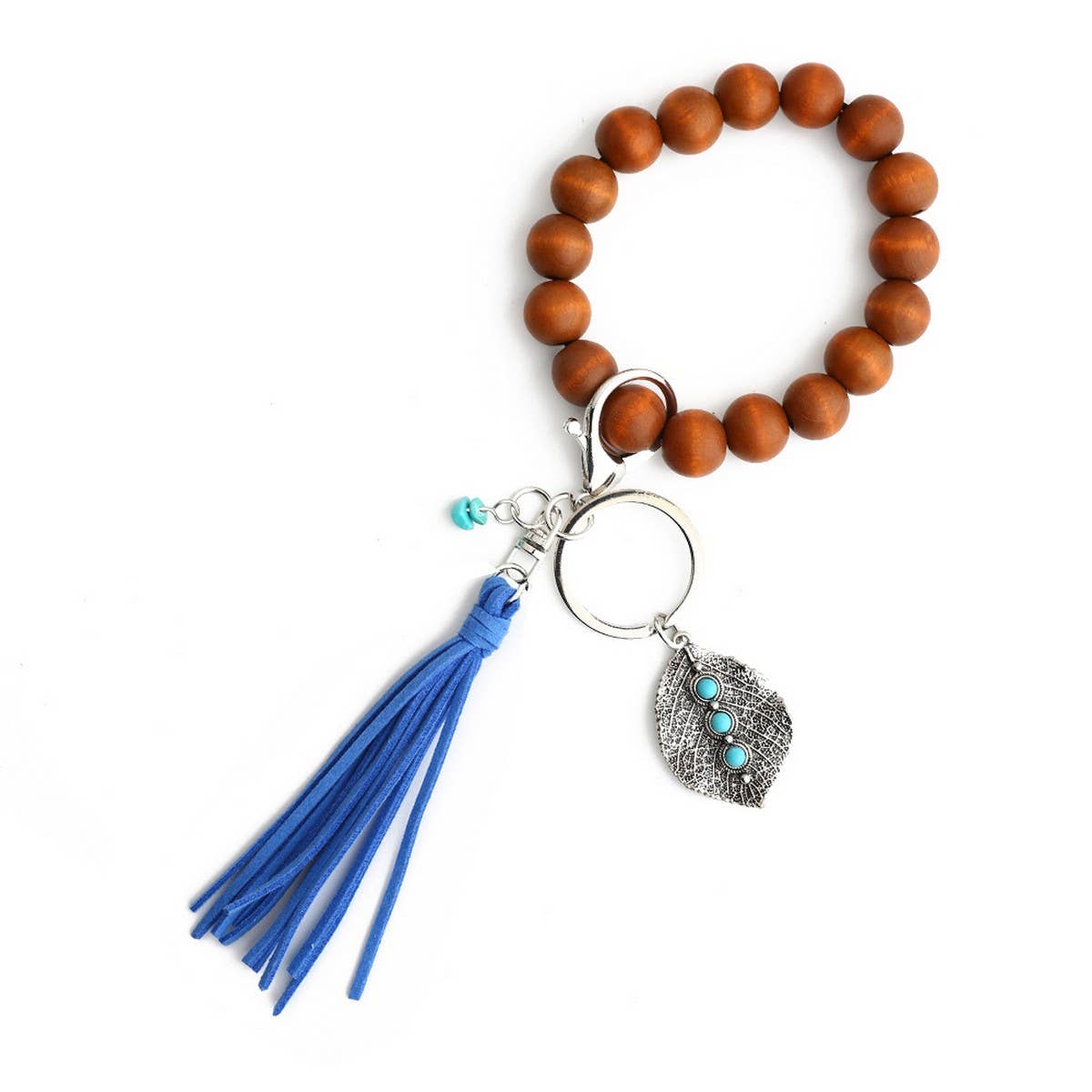 Boho Tassel Keychain with Leaf Charm and Wood Beads_CWAB5087