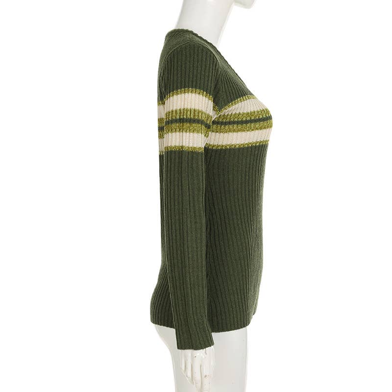 VINTAGE PREPPY V-NECK STRIPED WOOLEN BLOUSE