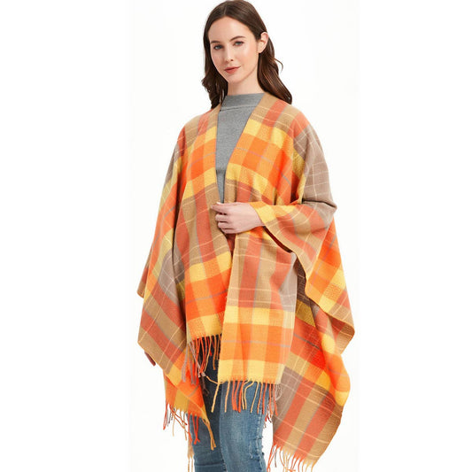 CAPE DOUBLE-SIDED PLAID SLIT SHAWL_CWASC1209