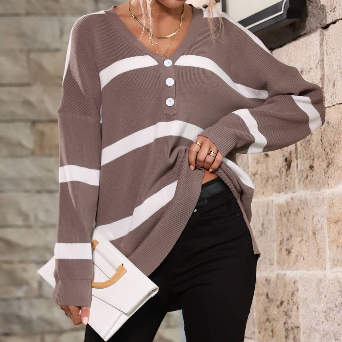 V-NECK LONG SLEEVE STRIPED JACQUARD THIN TOP