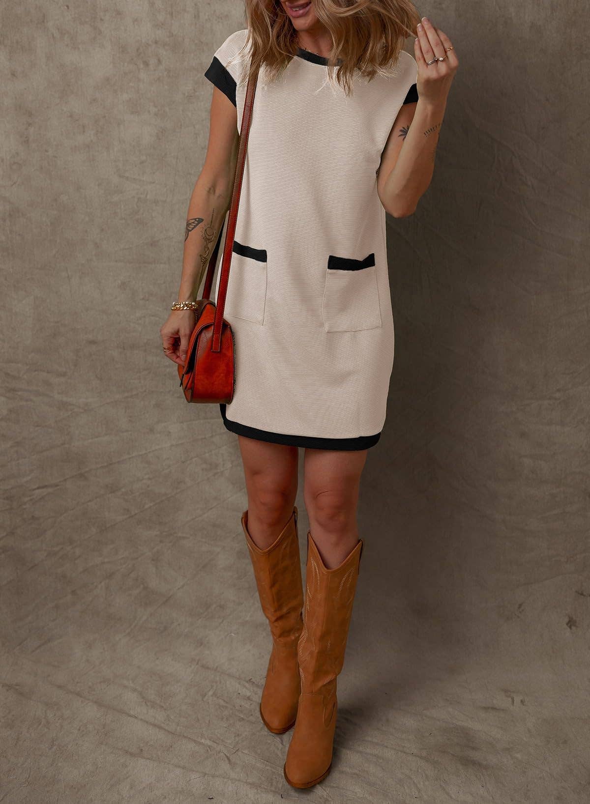 Women¡¯s colorblock pocket sleeve mini dress