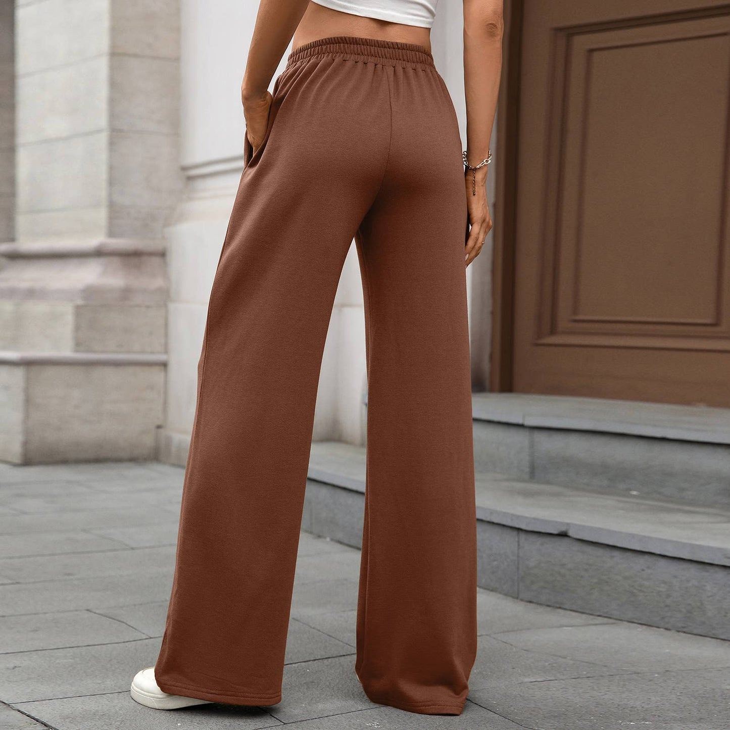 Solid color tight-waist straight casual pants