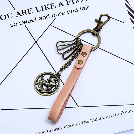 CREATIVE RETRO CAR PENDANT COWHIDE KEYCHAIN