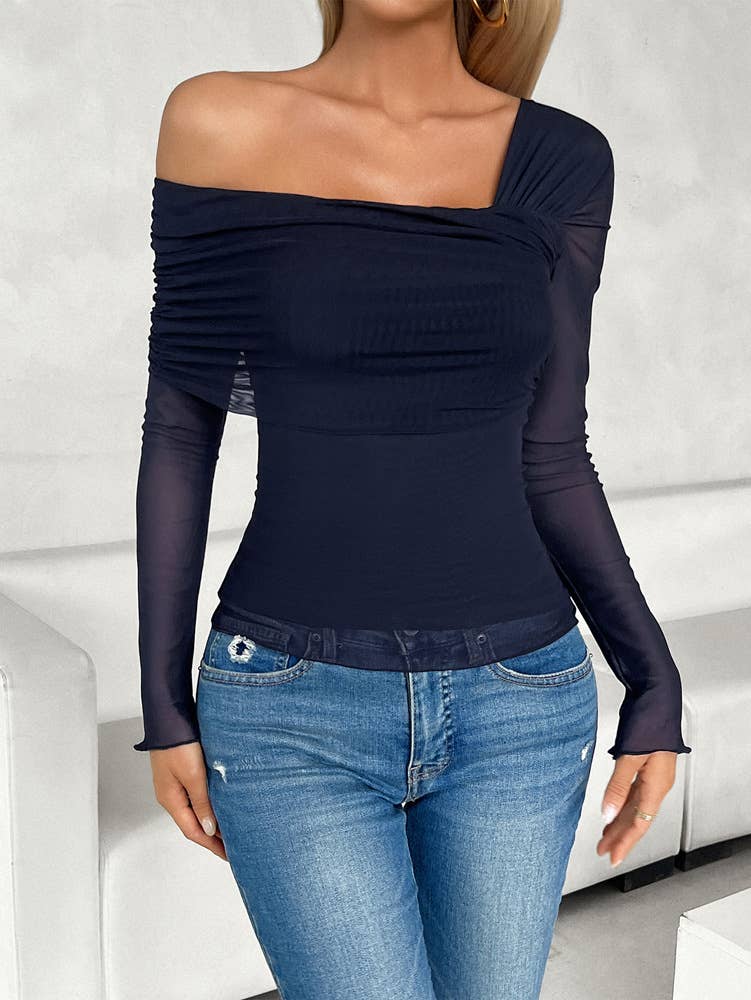 TEMPERAMENT SKEW COLLAR GAUZE LONG SLEEVE TOP