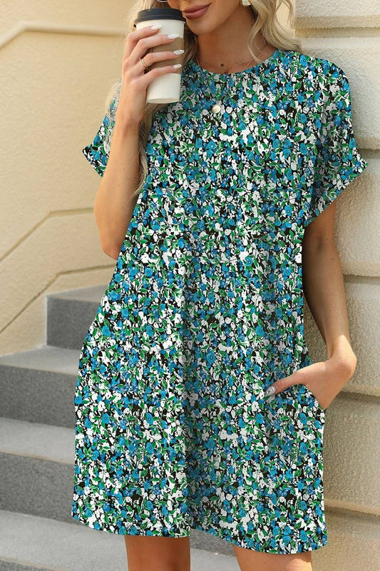 CWDSD7291_PRINTED CREW NECK SHORT SLEEVE POCKET DRESS