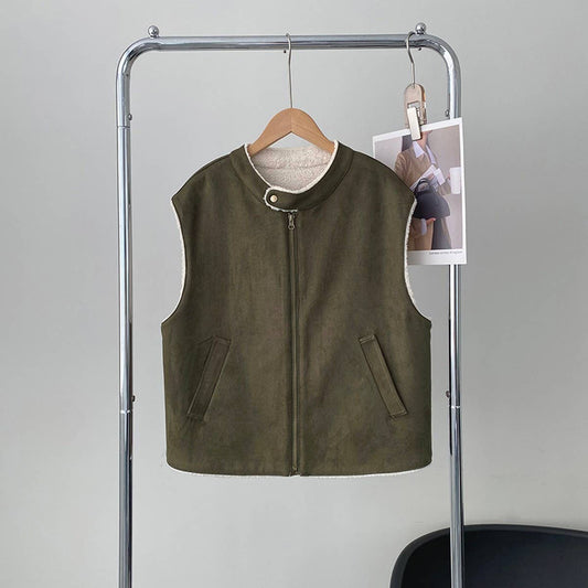 Suede lamb wool patchwork vest