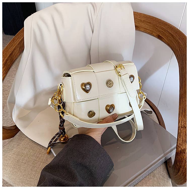 Fashionable spliced crossbody riveted square bag