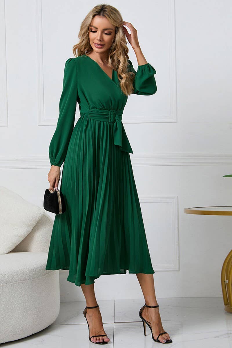 CWDMD1462_V-NECK LONG SLEEVED PLEATED DRESS