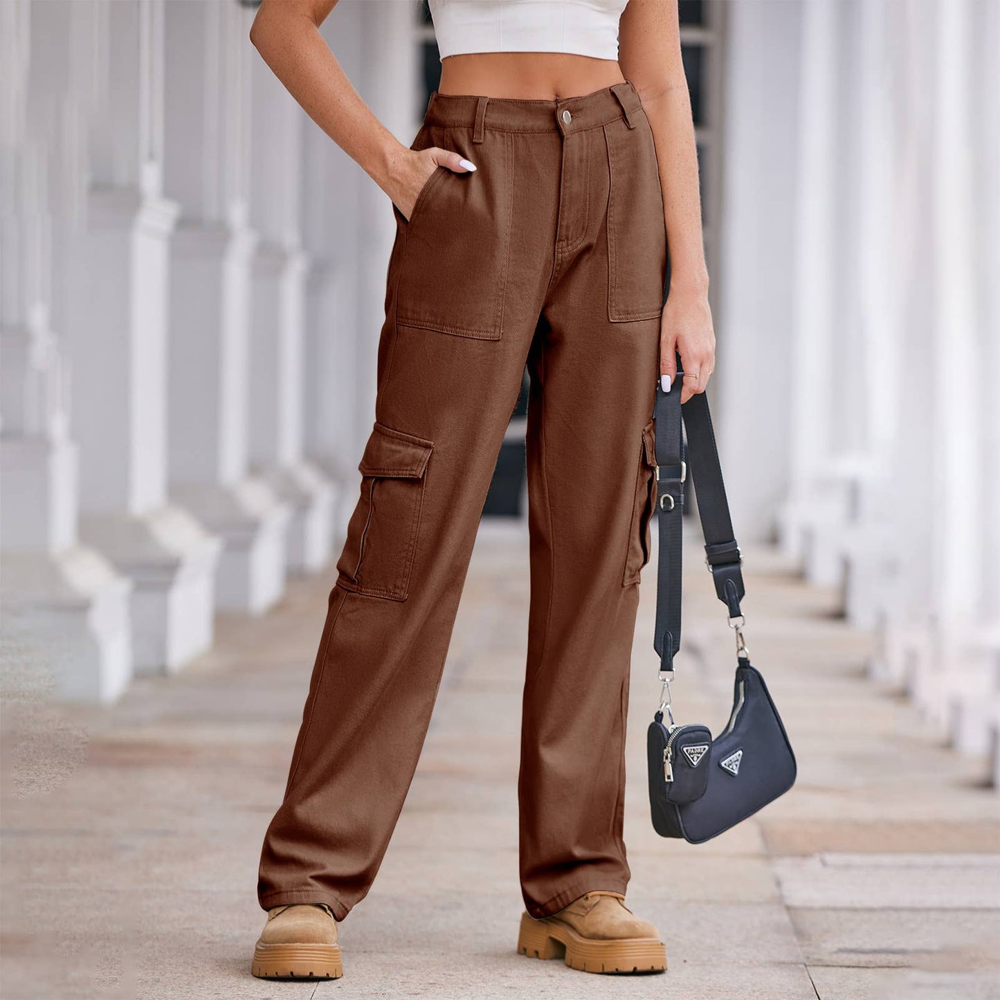Washed semi-elastic waist denim workwear trousers