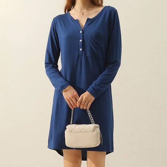 SOLID V NECK DRESS_CWDMD784