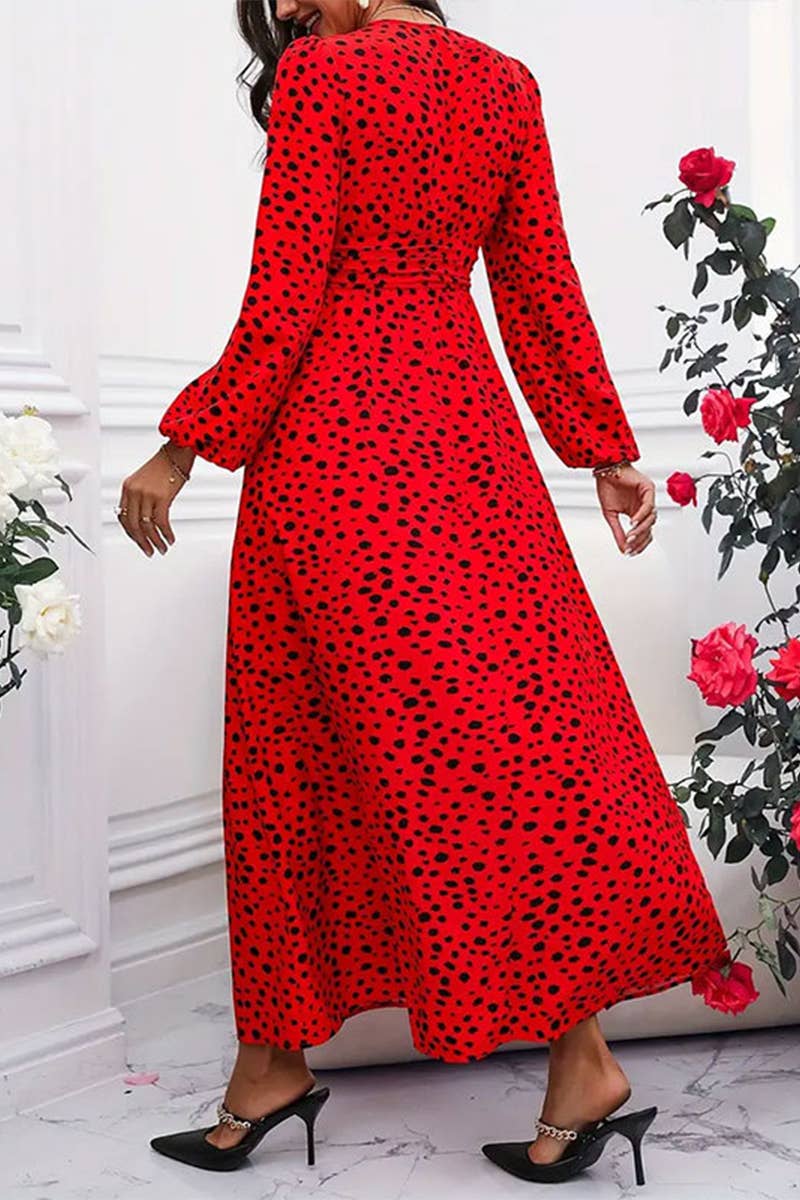 PUFFED SLEEVE V-NECK POLKA DOT LONG-SLEEVED DRESS
