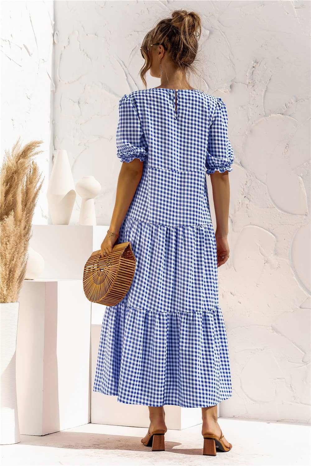 Puffed sleeve polka dot plaid patchwork dress