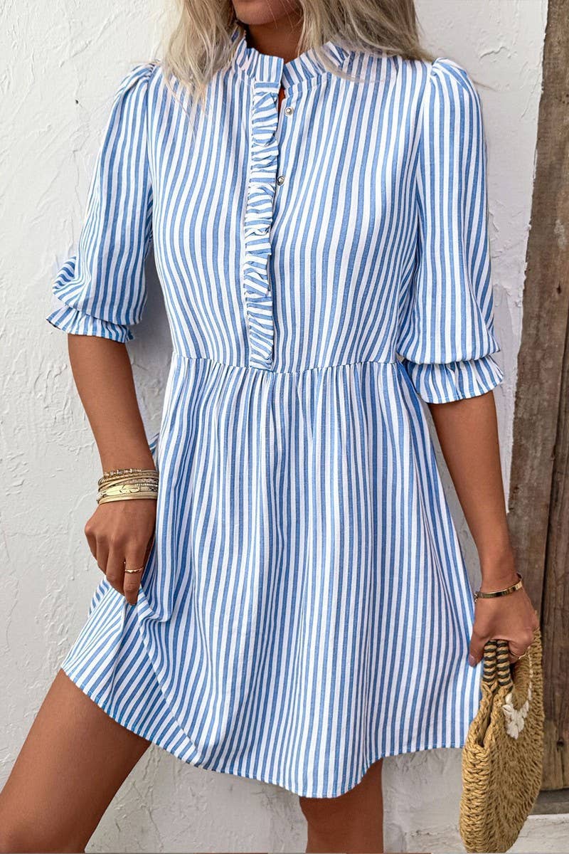 CWDSD7817_RUFFLE TRIM STRIPED LOOSE FIT SHIRT DRESS