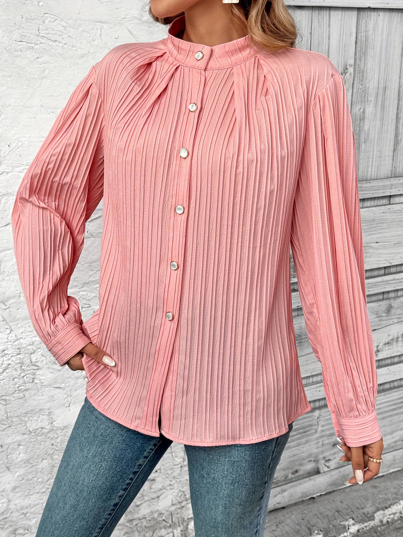 Solid-color single-breasted long-sleeved top