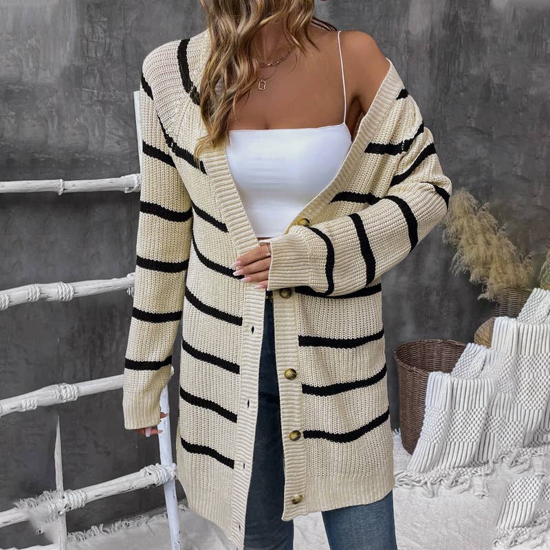 Striped jacquard single-breasted long cardigan