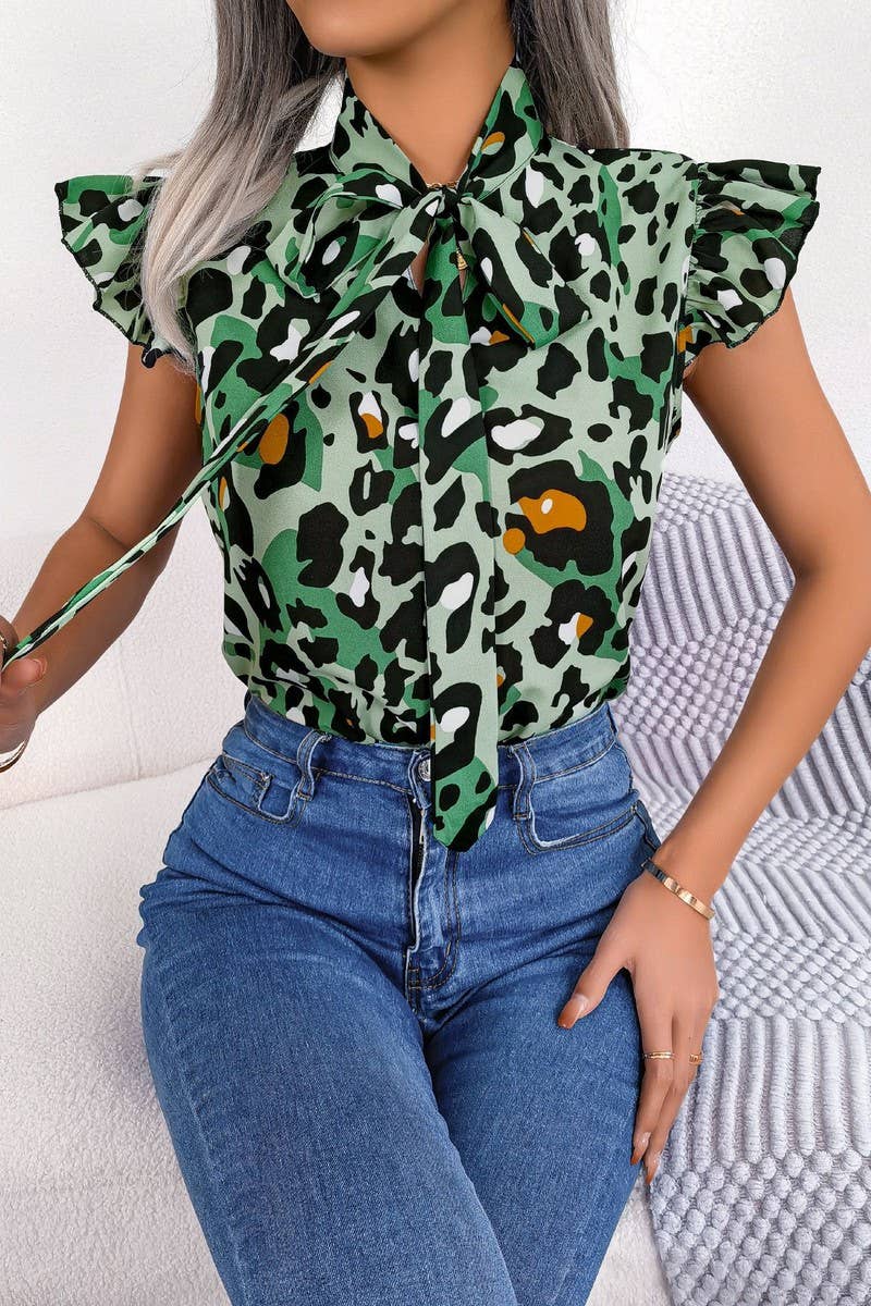 LEOPARD AURICULAR TRIMMED LACE CHIFFON BLOUSE_CWTSTSL0035