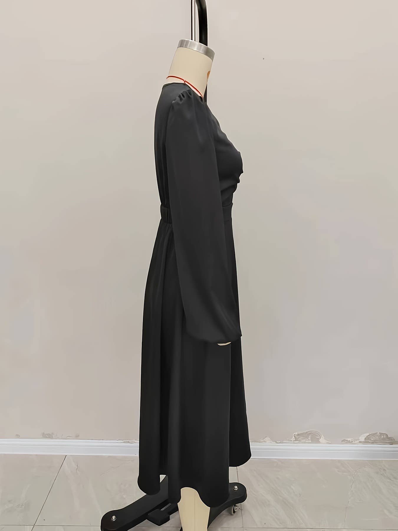V-neck pleated ripped long-sleeved satin dress
